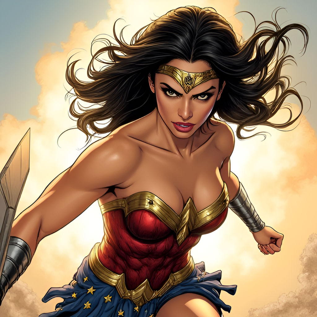 A dynamic illustration of Gal Gadot as Wonder Woman in action, in a scene depicting strength and grace, possibly from a movie fight sequence. Style: comic book art with realistic rendering.