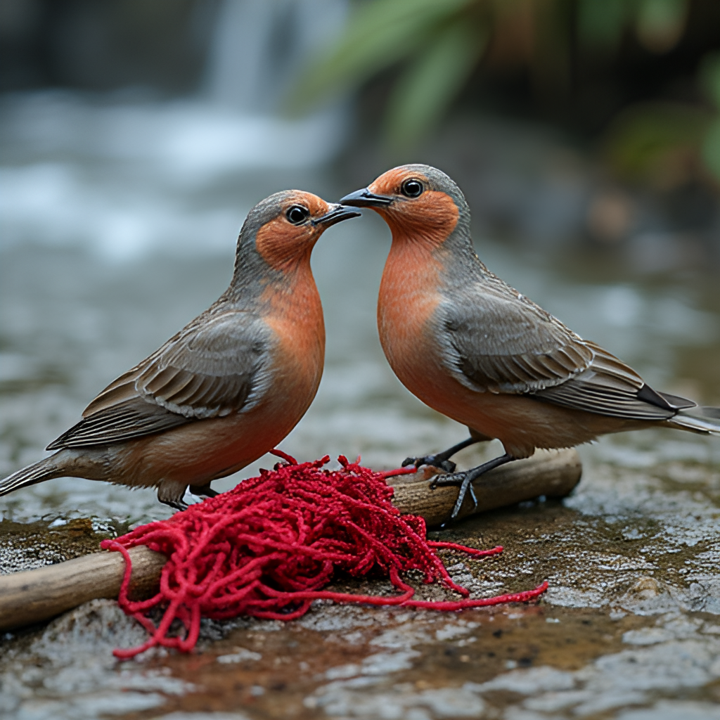 Symbolic representation of the purification ritual for a Metzora: two birds (one being released), cedarwood, crimson thread, and hyssop, arranged thoughtfully near flowing water, evoking themes of cleansing, atonement and return to the community.