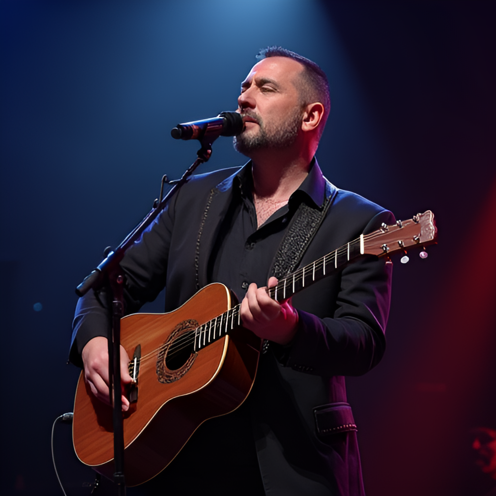 A recent, stylish photo of Ran Danker performing on stage during a concert for his solo career, showcasing his mature, confident stage presence and connection with the audience. Maybe incorporating elements from his 'Beit Meshugaim' aesthetic. High-quality, dynamic shot.