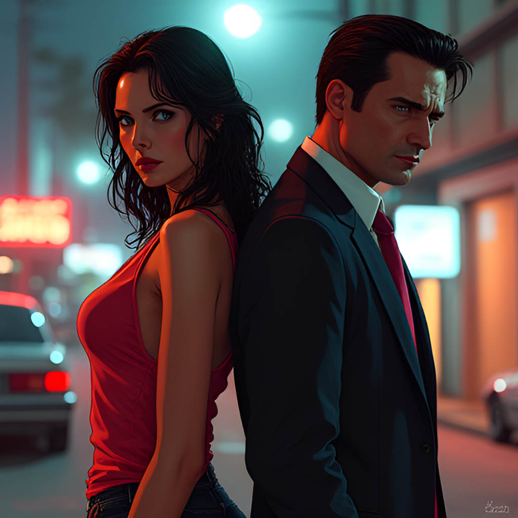 A concept art style image depicting the two protagonists, Lucia and Jason, standing back-to-back in a tense pose, possibly after a heist, with dynamic lighting reflecting the Vice City environment.