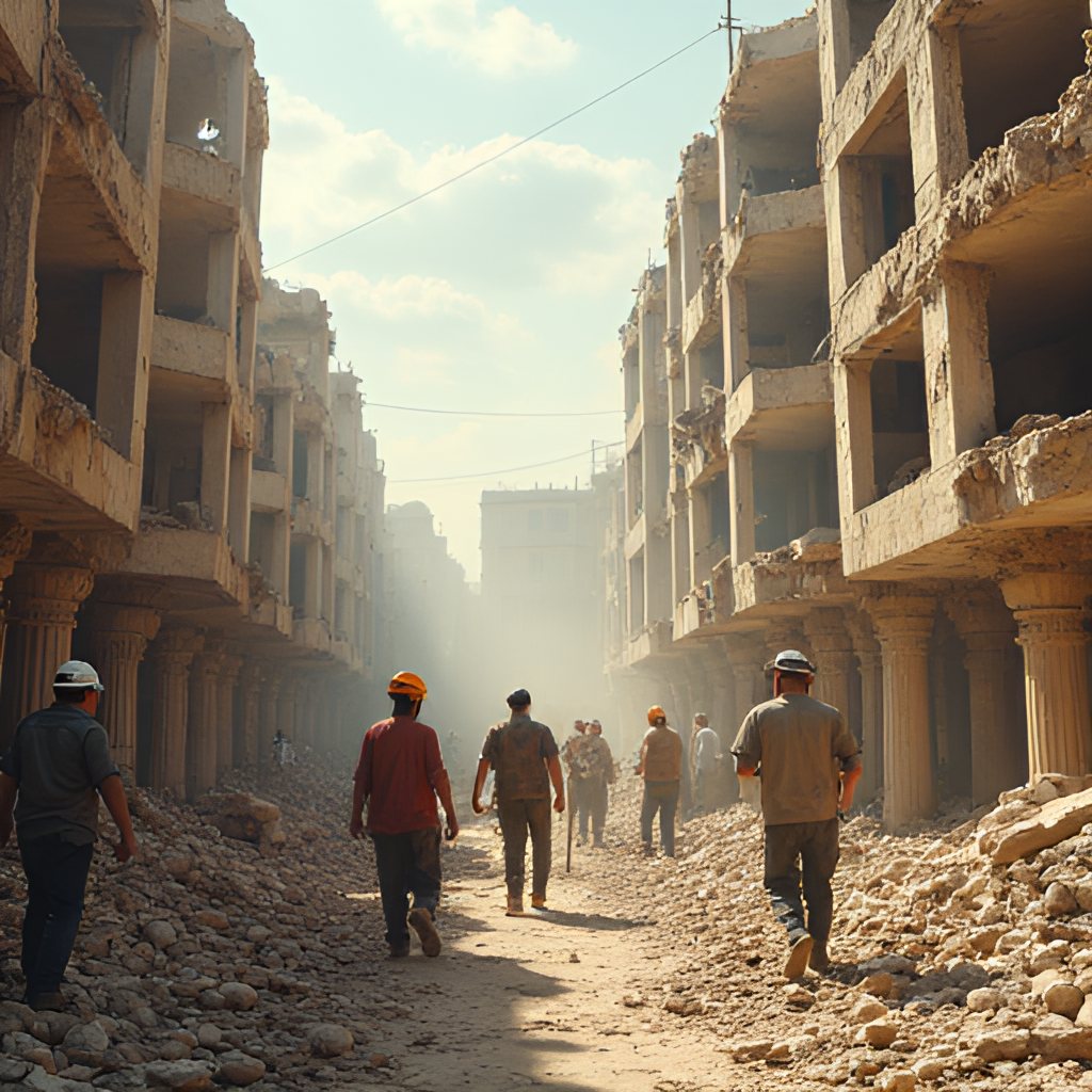 A symbolic image depicting rebuilding and hope in Syria, perhaps showing people working together to reconstruct a damaged building or a vibrant market scene emerging from ruins.