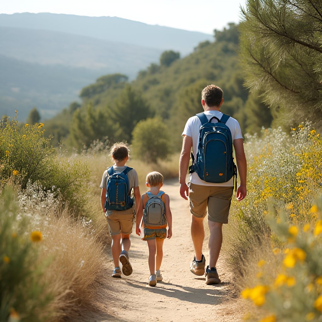 A family hiking on a marked trail in an Israeli national park, surrounded by unique local flora, demonstrating accessibility and enjoyment of nature.