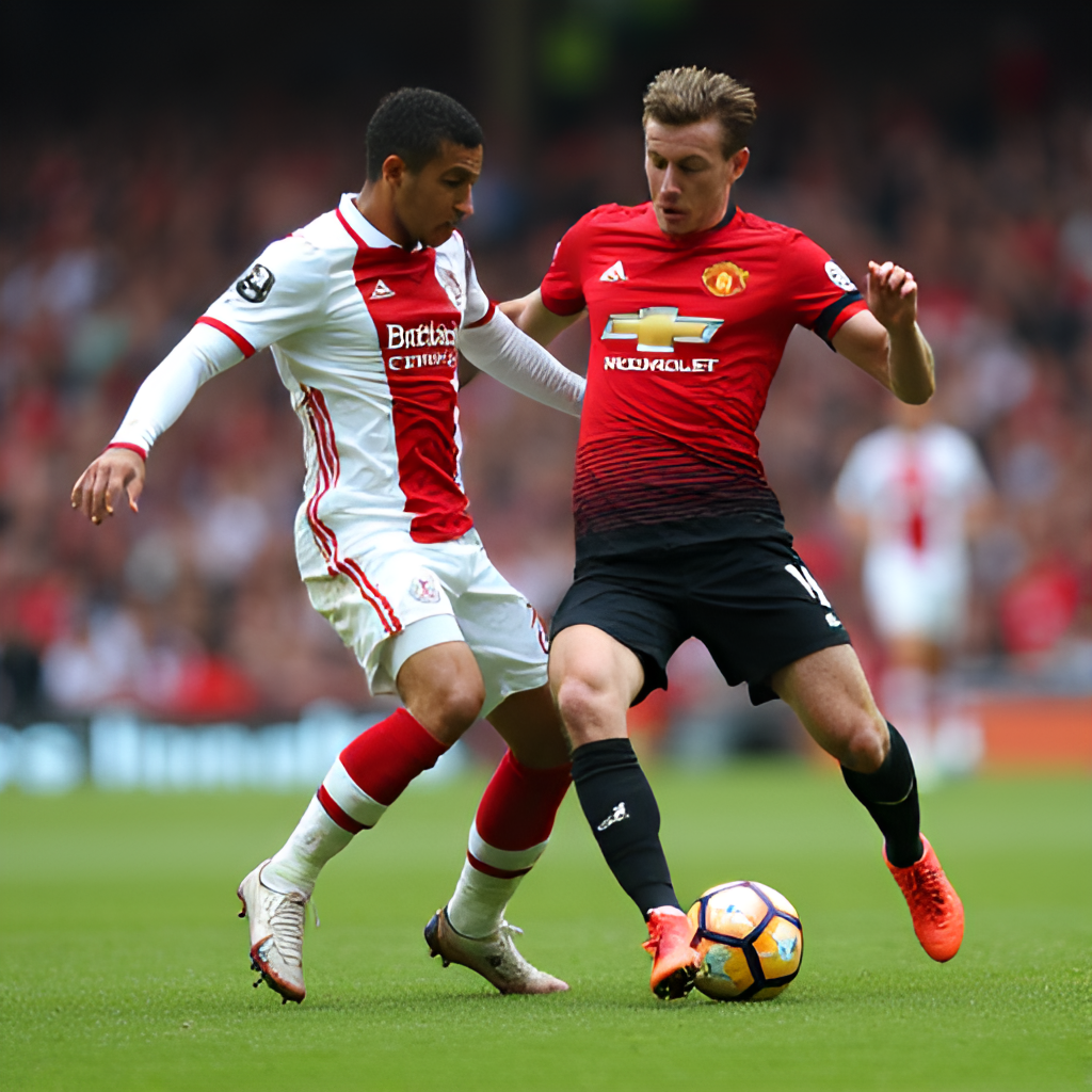 An action shot of a football match between Brentford and Manchester United. A Brentford player is attempting to tackle a Manchester United player in the midfield. The image should capture the intensity and physical nature of the game.