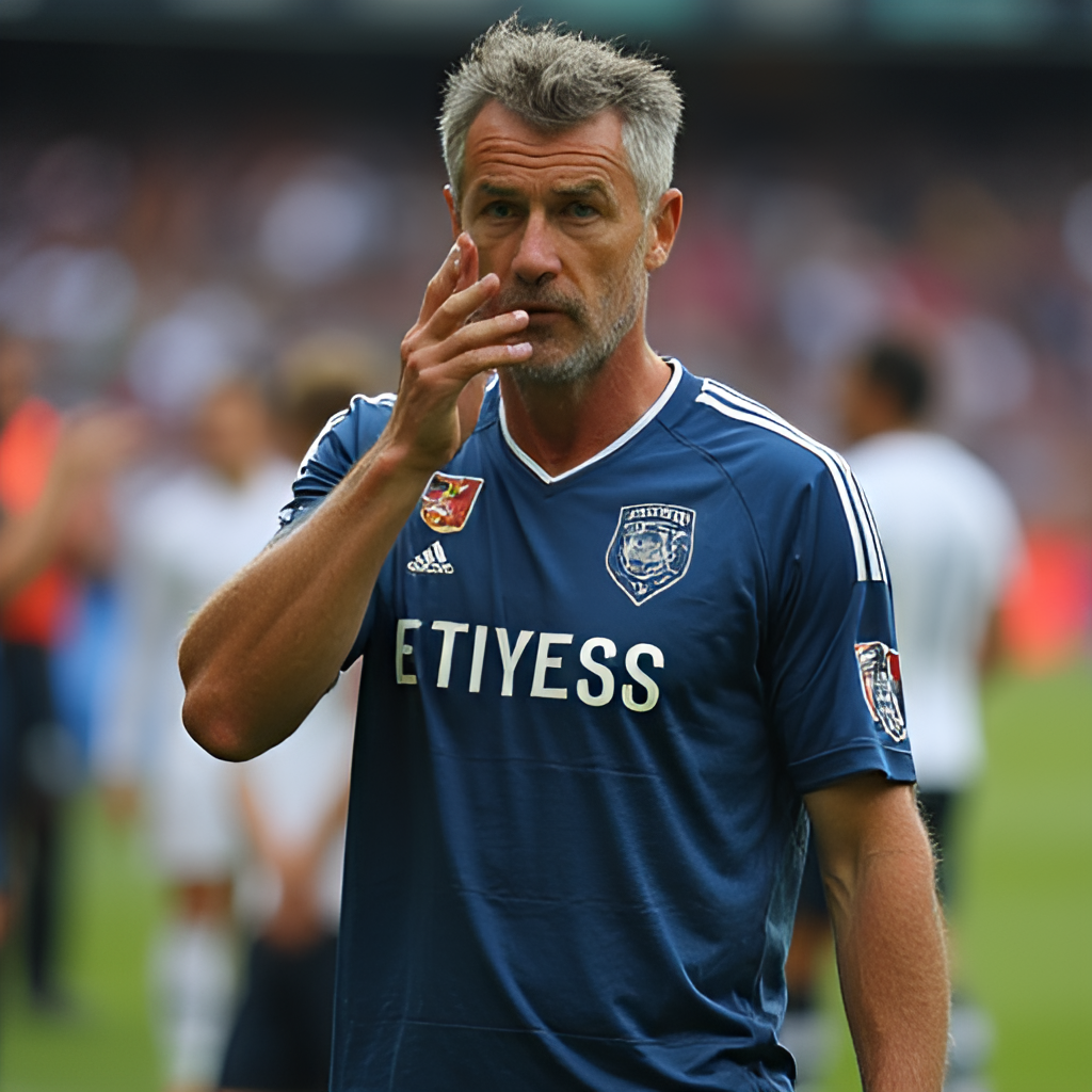 A dynamic photo capturing Roni Levy giving instructions from the sideline during a match, possibly showing intensity or strategic thinking on the field.