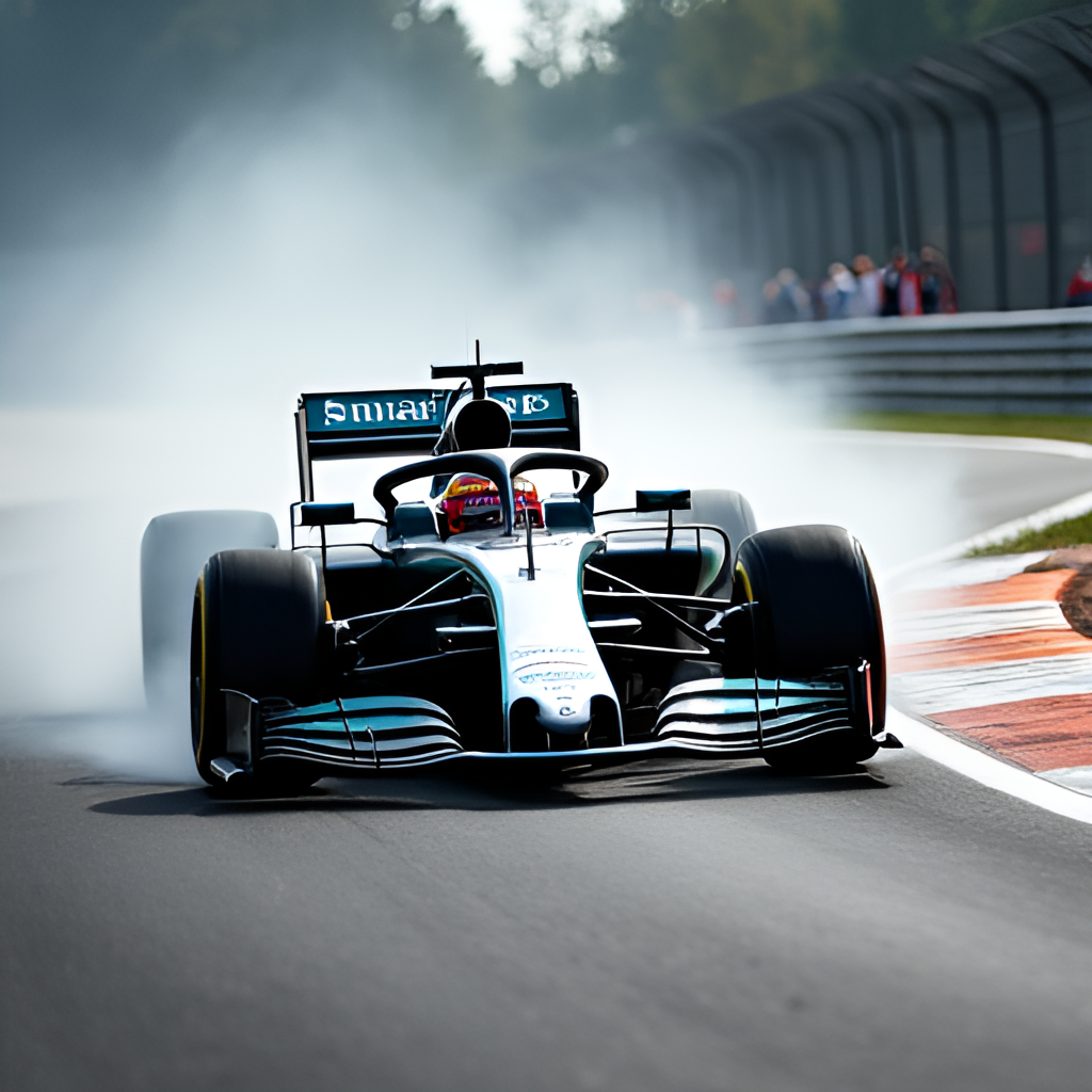Dynamic action shot of a Formula 1 car cornering at high speed on a famous international circuit, with emphasis on aerodynamic elements and tire deformation.