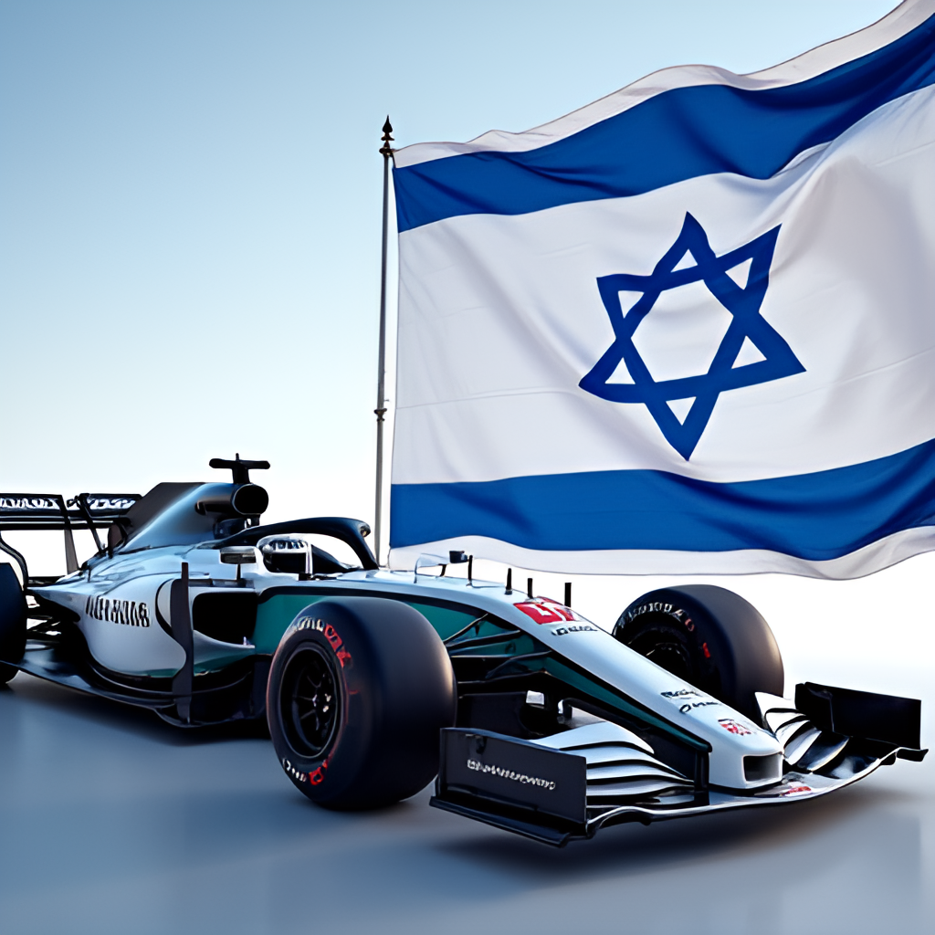 Image showing an Israeli flag alongside a modern Formula 1 car, possibly featuring an Israeli driver like Roy Nissany, symbolizing Israel's connection to the sport.