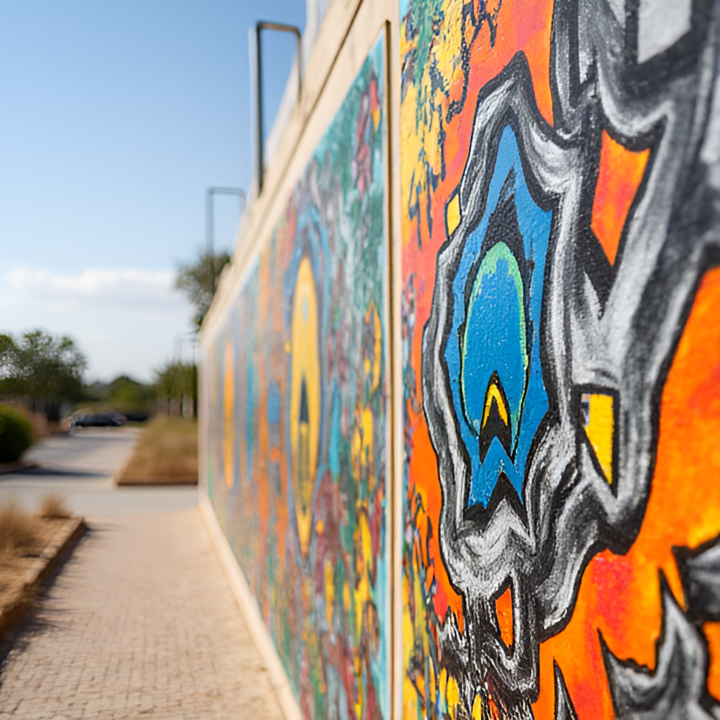 A close-up shot of the 'Path to Peace' (Kirot shel Tikva) art project on the security wall in Netiv HaAsara, featuring vibrant, colorful murals painted by various artists, with a focus on motifs of peace and hope.