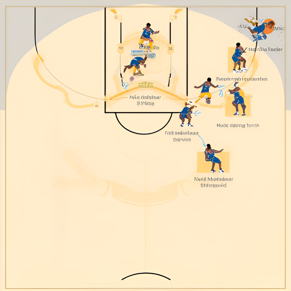 A tactical illustration showing player positioning on a basketball court during a playoff game between the Thunder and Nuggets, emphasizing strategic defensive schemes and offensive movements.