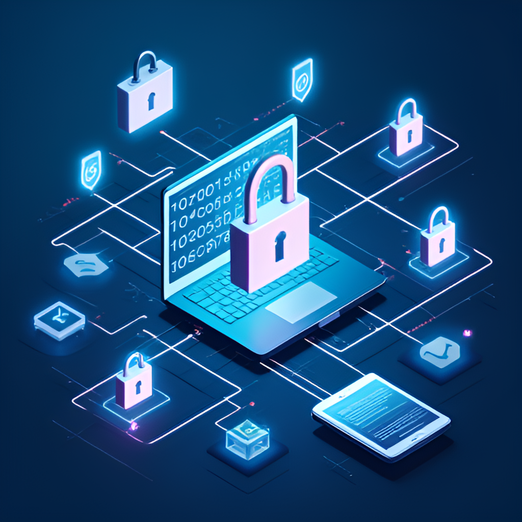 A graphic representation of digital security, with locks and shields protecting data flowing between a computer and a mobile phone, symbolizing the importance of online safety when purchasing tickets.