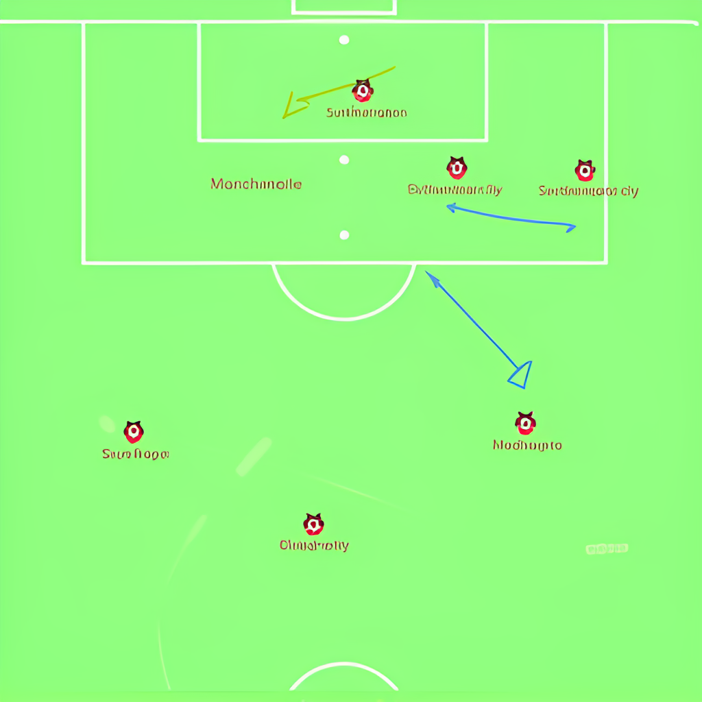 A tactical graphic or illustration showing key player matchups or formations on a football pitch, representing a potential tactical battle between Southampton and Manchester City, with arrows indicating player movements and strategies.