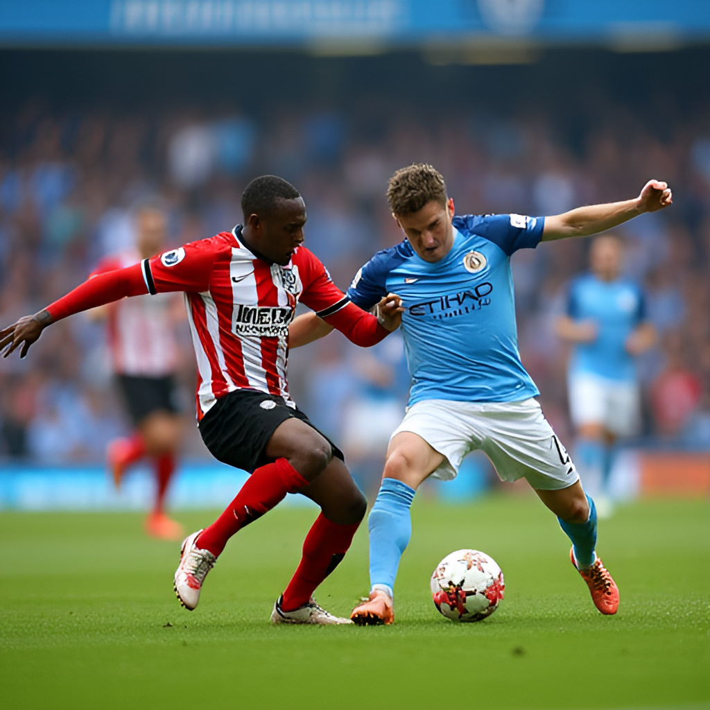 A dynamic aerial shot of a football match in a large stadium, showing players from Southampton and Manchester City competing for the ball, with a focus on the contrasting team colors (red/white for Southampton, blue for Man City)