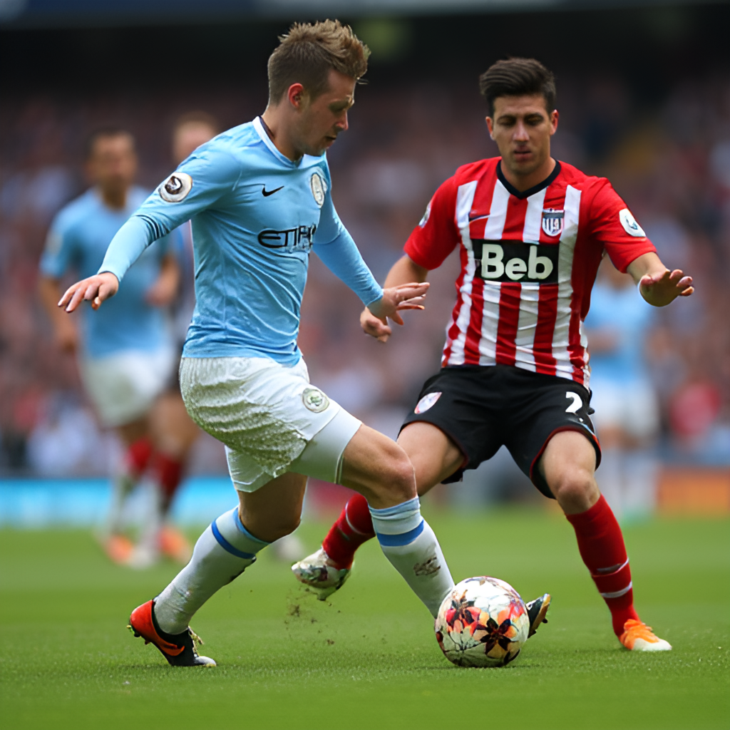 A close-up, action-oriented shot of a Manchester City player (like Haaland or De Bruyne) in focus, attempting to score against a defending Southampton player, capturing the intensity of the match