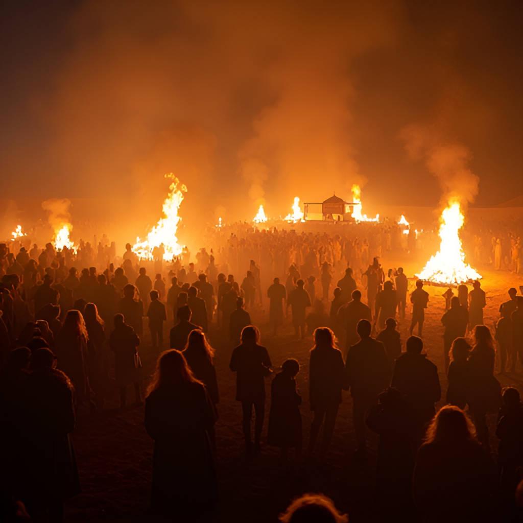A photograph capturing the large gathering and bonfires at Mount Meron during Lag BaOmer, showing many people dancing and singing, with the tomb of Rabbi Shimon bar Yochai visible in the background.