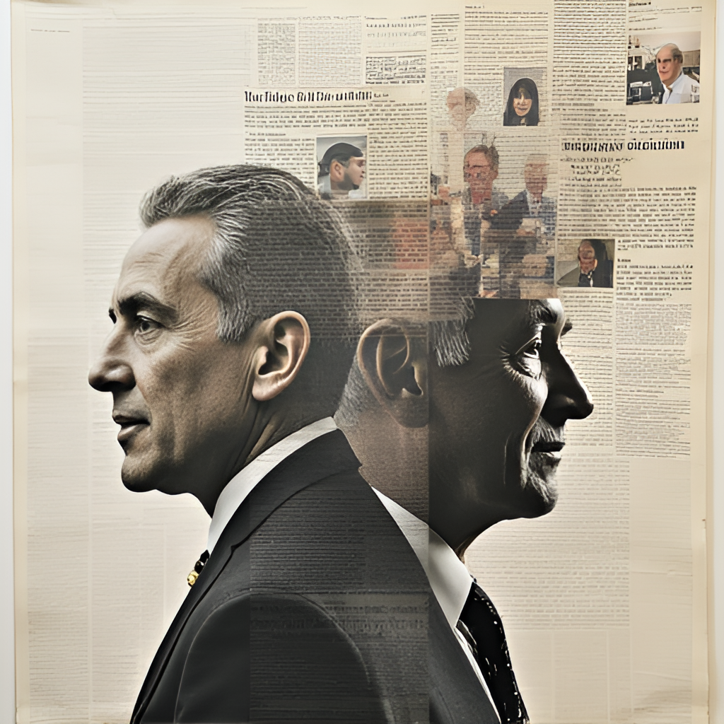 A symbolic image representing the intersection of politics and media, perhaps showing overlapping layers of newspaper text and political figures, relevant to Yaakov Bardugo's career.