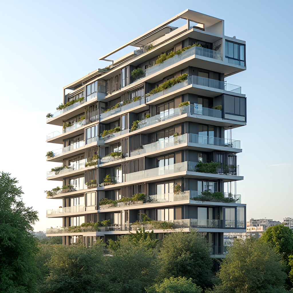 A modern residential building with balconies and large windows, representative of new construction projects in the Harechasim neighborhood of Ramat Gan, with green trees in the foreground.