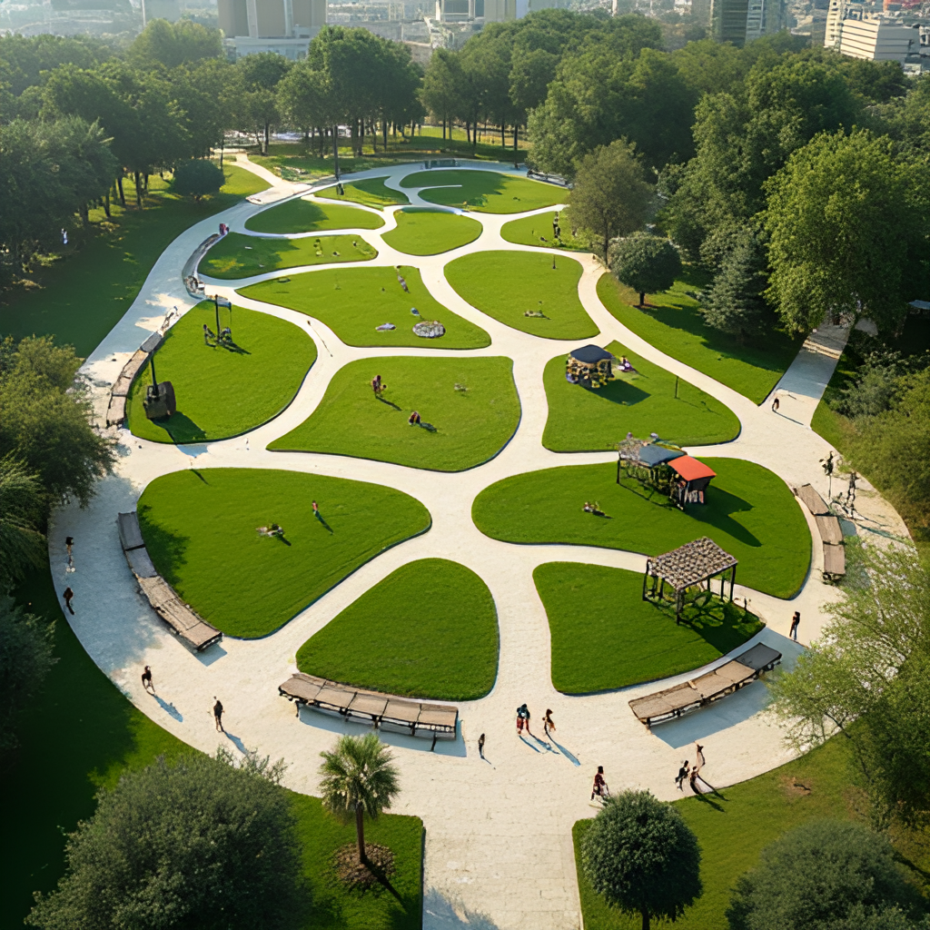An aerial view of a large, green public park in Ramat Gan, similar to Park Merom Naveh, with walking paths, playgrounds, and mature trees, showing families enjoying the space.