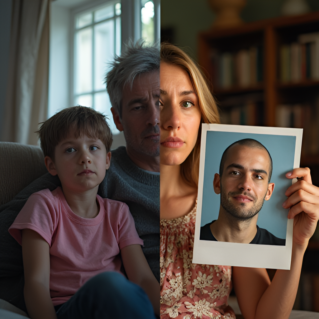 A split image depicting a family in the United States looking anxiously at news reports about the hostages in Gaza on one side, and an Israeli family holding a picture of their loved one on the other, conveying the shared pain and international dimension of the hostage crisis.