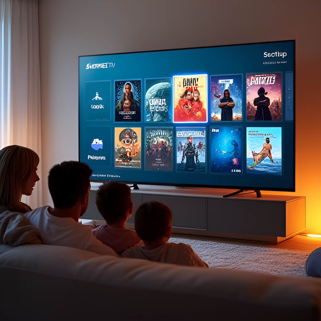 A modern living room scene with a family watching TV on a large screen, showing the Partner TV interface, representing the diverse content offered
