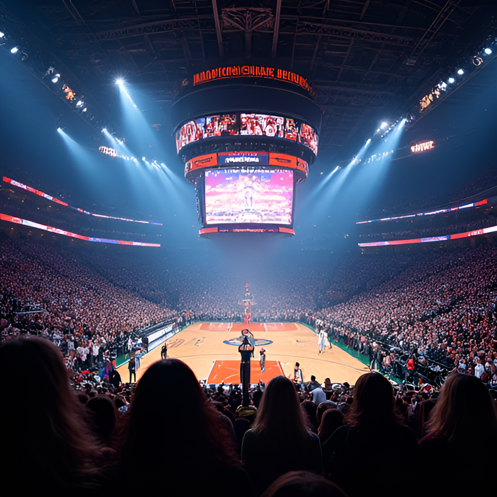 An atmospheric photograph capturing the electrifying energy inside Madison Square Garden during a New York Knicks vs. Boston Celtics game, showing a packed crowd cheering enthusiastically, with the court and players visible in the background.