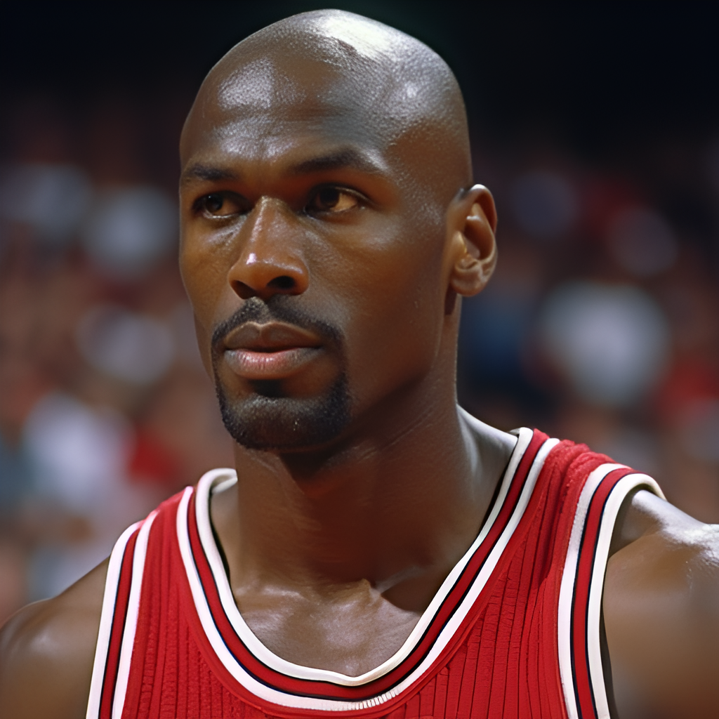 A portrait of a famous NBA player, perhaps Michael Jordan or LeBron James, looking determined and focused, with a blurred background of an arena crowd, emphasizing their iconic status.
