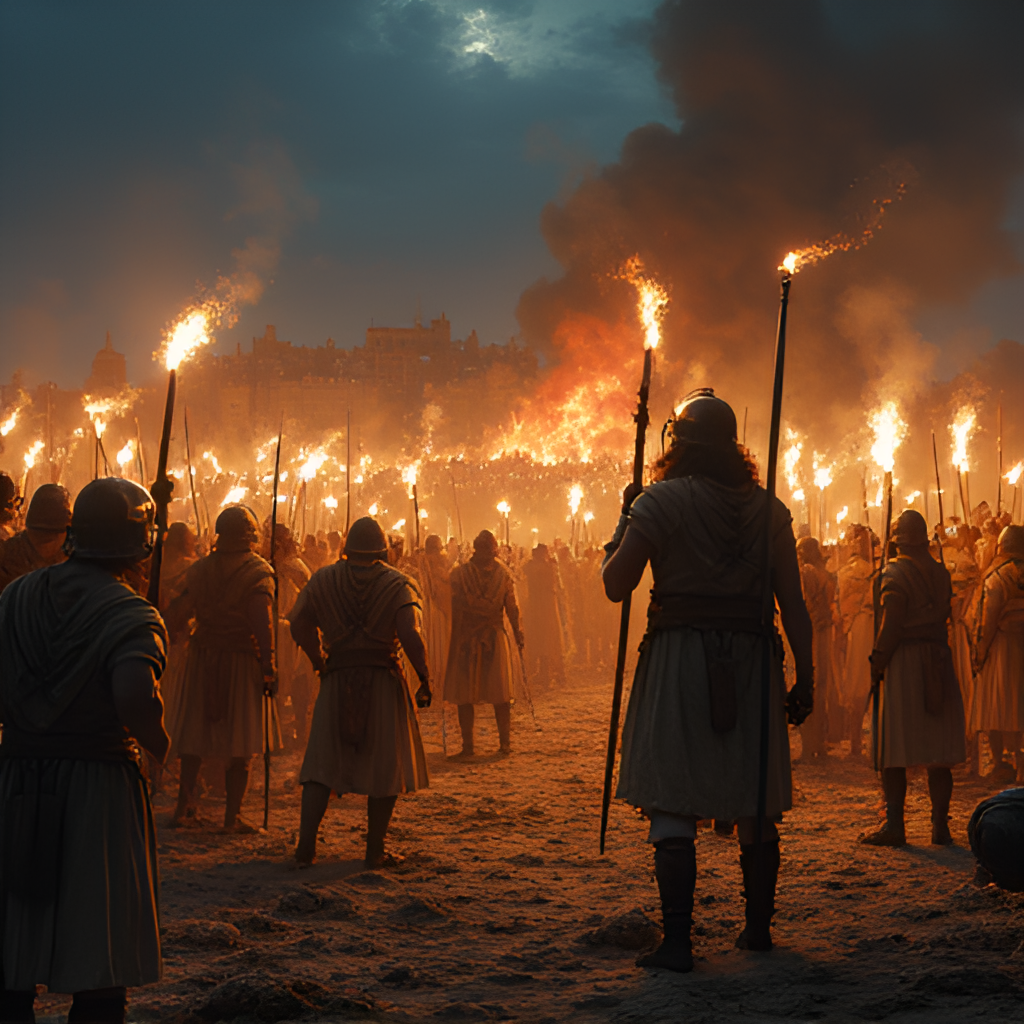 An artistic rendering depicting a scene from the biblical story of Gideon, with 300 warriors holding trumpets, jars, and torches, surrounding a chaotic Midianite camp at night, in a dramatic, slightly stylized historical illustration