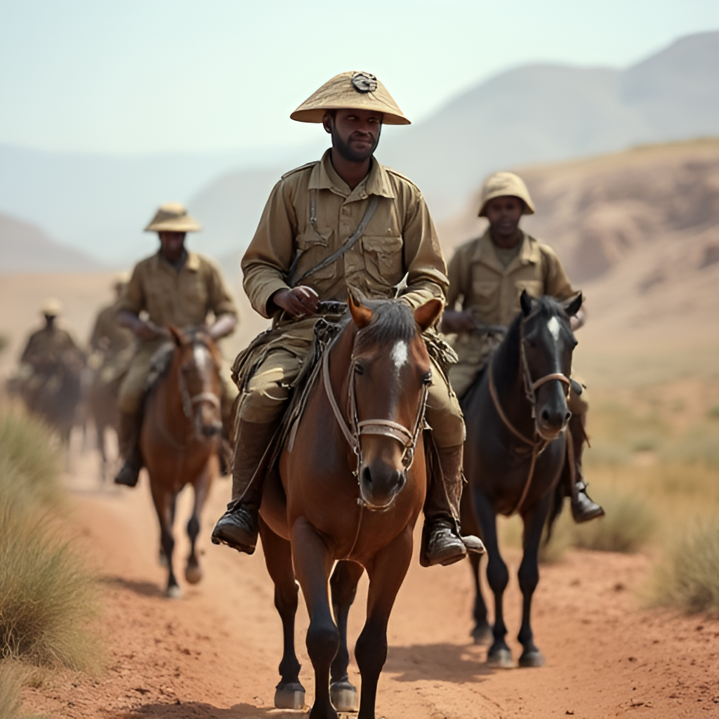 A historical photo-realistic depiction of Major Orde Wingate with Ethiopian Arbegnoch fighters during the East African Campaign of World War II, showing soldiers in period uniforms in a rugged African landscape