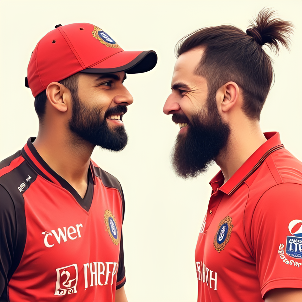 An illustration featuring prominent players from both SRH and RCB (like Virat Kohli and Pat Cummins) in a face-off, representing the key player battles within the rivalry, perhaps with team logos subtly incorporated.