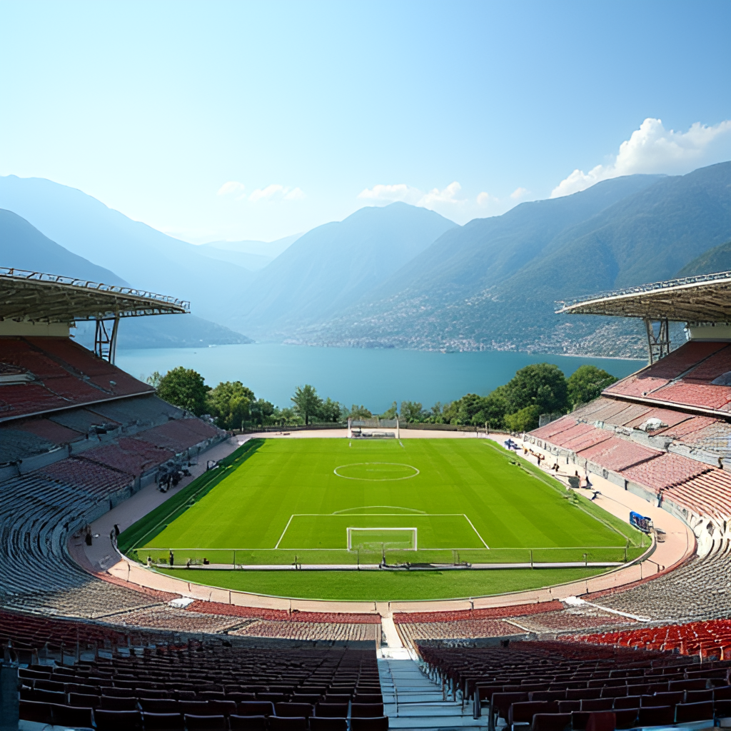 Panoramic view of Stadio Giuseppe Sinigaglia in Como, with Lake Como visible in the background and mountains behind the stands, on a sunny match day. Style: photorealistic.