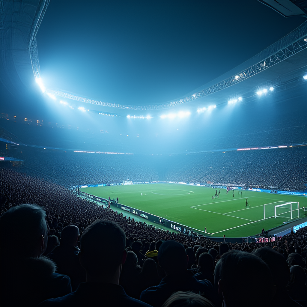 Atmospheric shot inside Stadio San Siro in Milan during an Inter match, showing the illuminated stands packed with cheering fans from a low angle perspective. Style: dynamic sports photography.