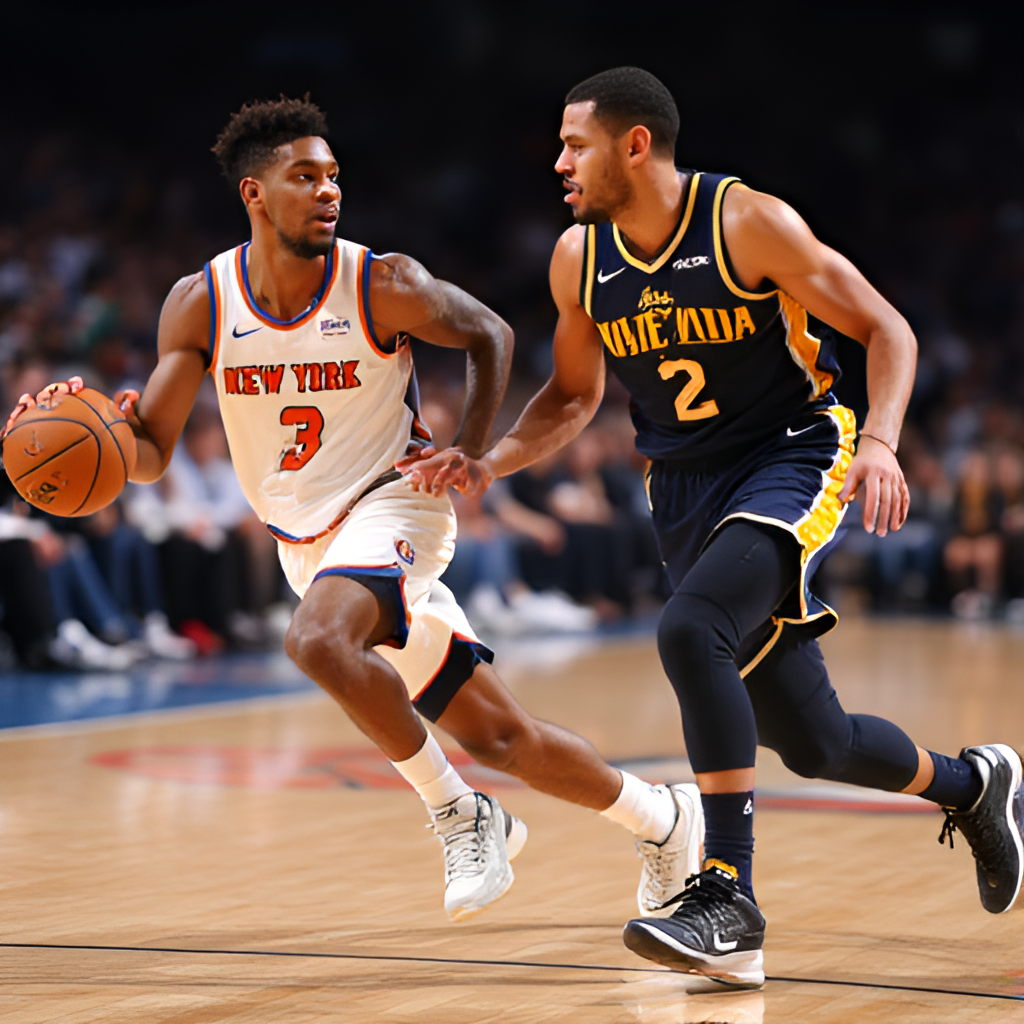 Action shot of a modern-era game between the New York Knicks and Indiana Pacers, focusing on Jalen Brunson and Tyrese Haliburton, highlighting the speed and skill of today's players