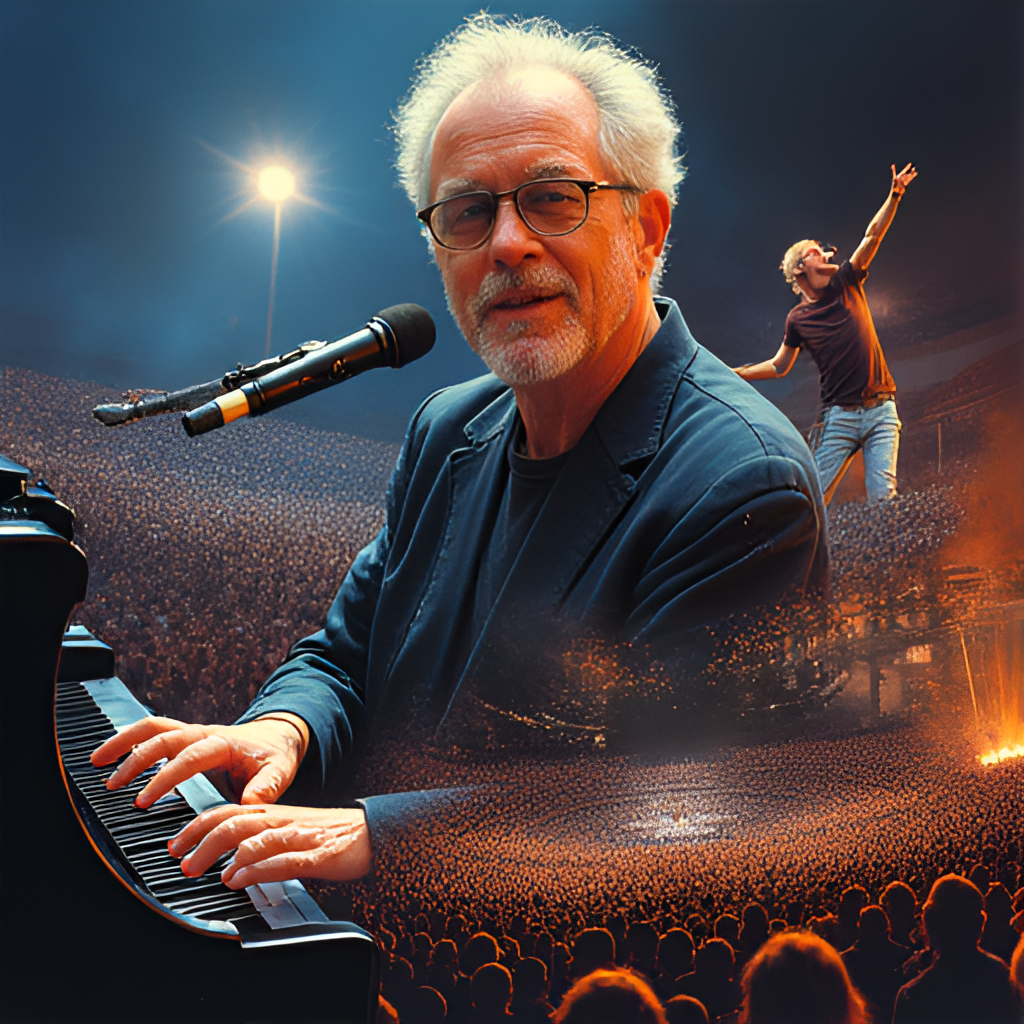 A dynamic photo illustration capturing various stages of Billy Joel's career, from his early piano-playing days to packed stadium concerts, seamlessly blended together in a montage style, emphasizing his journey in music.