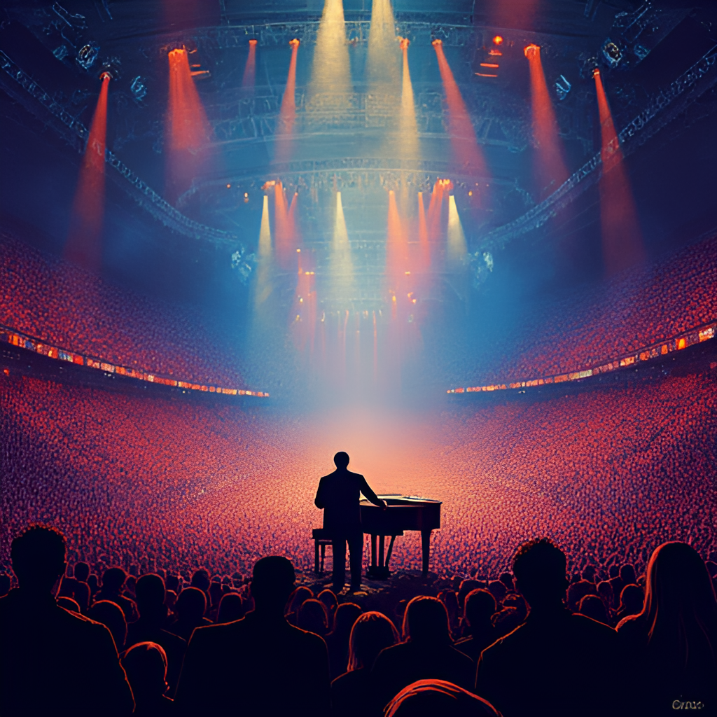 A vibrant, artistic illustration of a crowded concert hall, seen from the perspective of the audience near the front, with a spotlight on a figure playing a grand piano on stage, evoking the energy of a live Billy Joel performance at a large venue like Madison Square Garden.