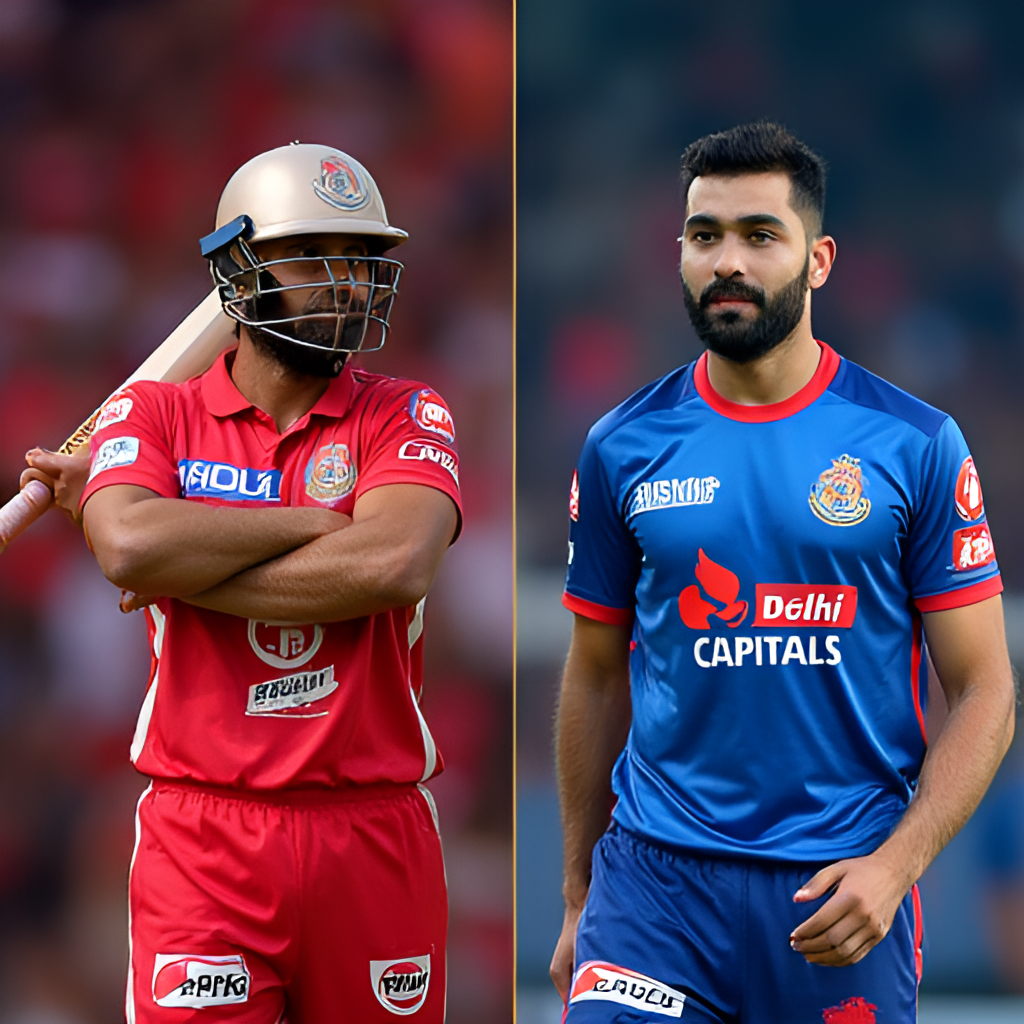 A split image or graphic representing the rivalry between Punjab Kings and Delhi Capitals, perhaps showing the two team logos side-by-side or iconic players from each team. Use team colors (red/silver for PBKS, blue/red for DC).