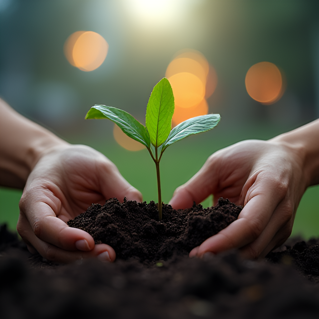 A conceptual image showing hands planting a small sprout in fertile ground, with blurry city lights in the background, representing growth, potential, and the start of something new amidst existing circumstances.