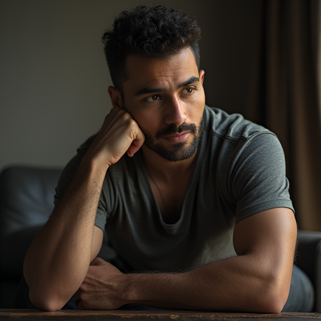 Portrait photo of actor Tawfiq Barhom in a thoughtful pose, natural lighting, medium shot, cinematic style