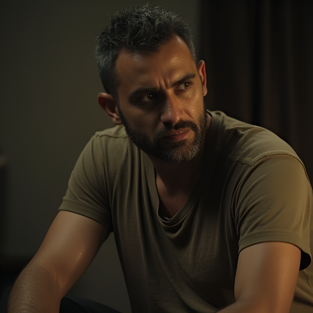 Still from a film featuring Tawfiq Barhom, showing an intense or emotional moment, realistic style, reflecting the drama of his roles