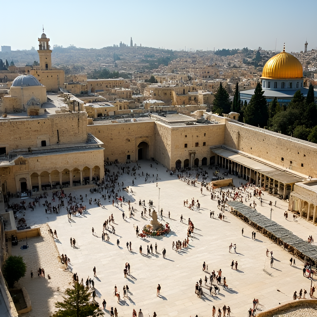 An aerial view looking down on the Old City of Jerusalem, showing the Western Wall plaza bustling with people, the Dome of the Rock, and the surrounding ancient walls, under a bright sky.