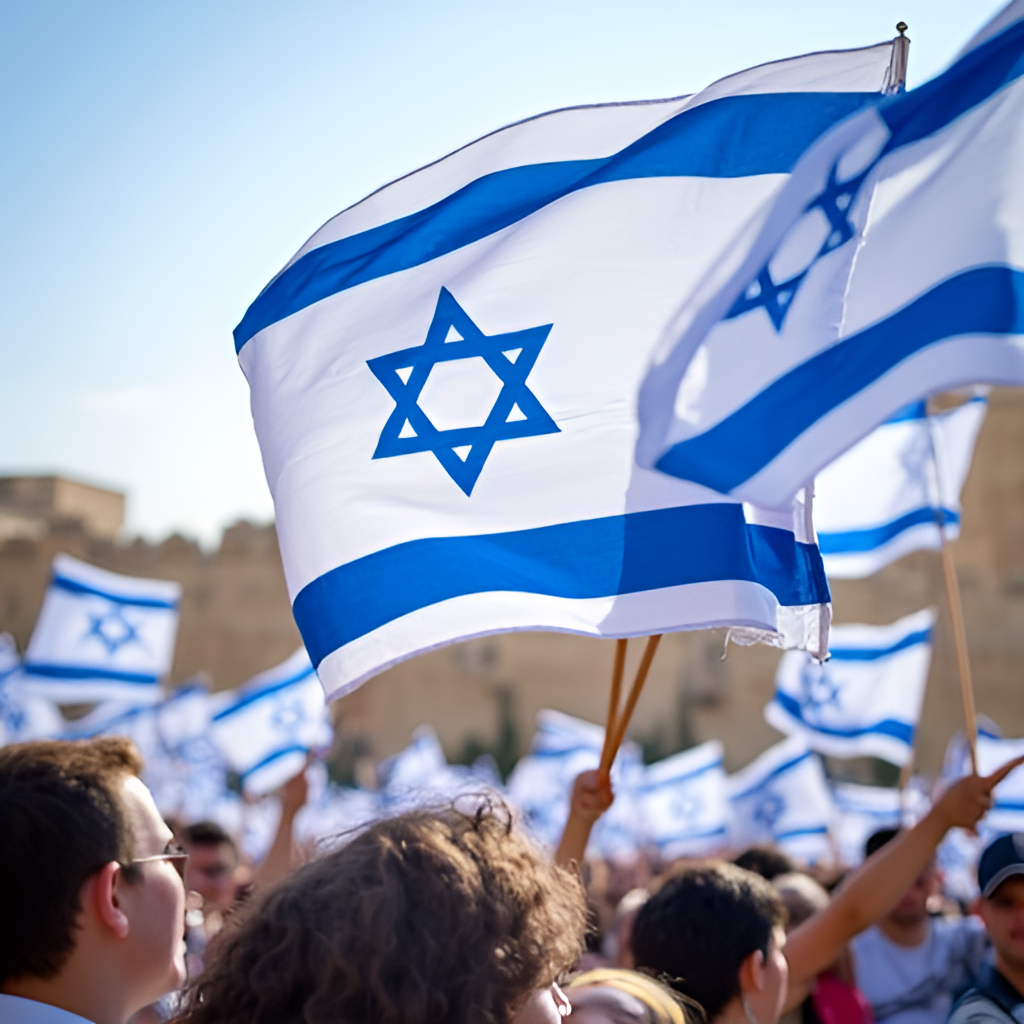 A close-up, vibrant photo of Israeli flags being waved by participants during the annual Flag Dance parade in Jerusalem, with a historical building or part of the city walls in the background, conveying a sense of celebration and national pride.