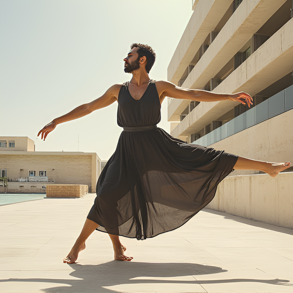 A stylized portrait of Yair Vardi, combining elements of dance movement and architectural lines of the Suzanne Dellal Centre in Neve Tzedek, Tel Aviv. Artistic photo realistic style.