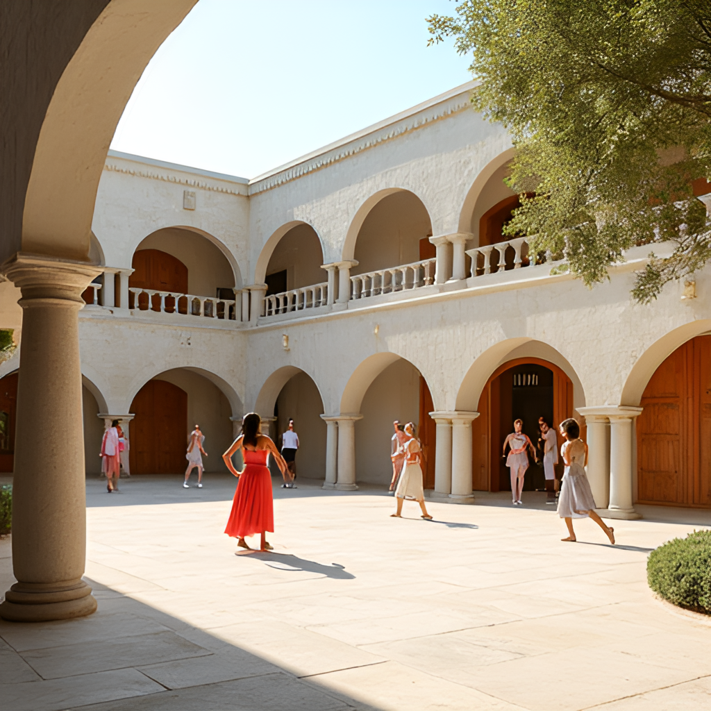 An image capturing the vibrant atmosphere of the Suzanne Dellal Centre courtyard with dancers practicing or performing in the background and the distinctive architecture visible. Bright daylight, lively feel. Photo realistic style.