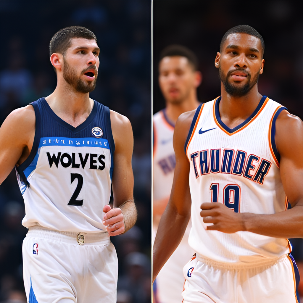 A split image showing highlights or key players from both the Minnesota Timberwolves and the Oklahoma City Thunder during a competitive game. One side features Timberwolves players in action, the other side features Thunder players. Focus on athleticism and skill. Energetic and modern sports photography style.
