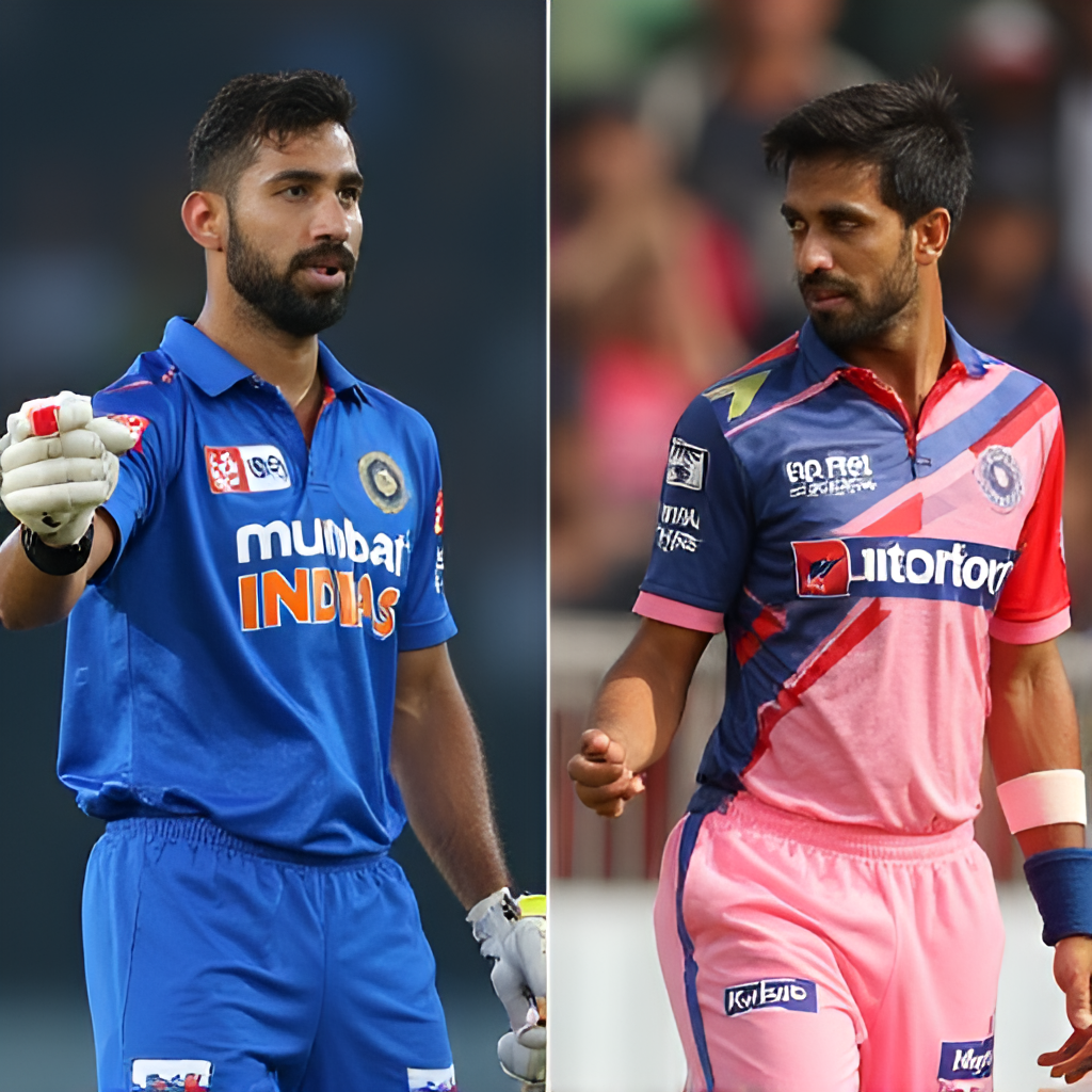 A split image or composite showing key players from both Mumbai Indians and Punjab Kings, perhaps a star batsman from MI and a star bowler from PBKS, facing off or in iconic poses related to their performance.