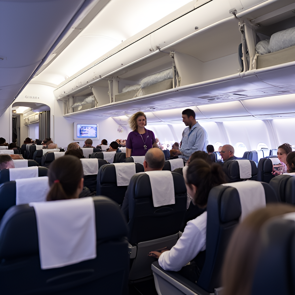 An interior shot of a comfortable economy or premium economy cabin on an Air France flight, showing spacious seats, personal entertainment screens, and perhaps a flight attendant interacting with a passenger.