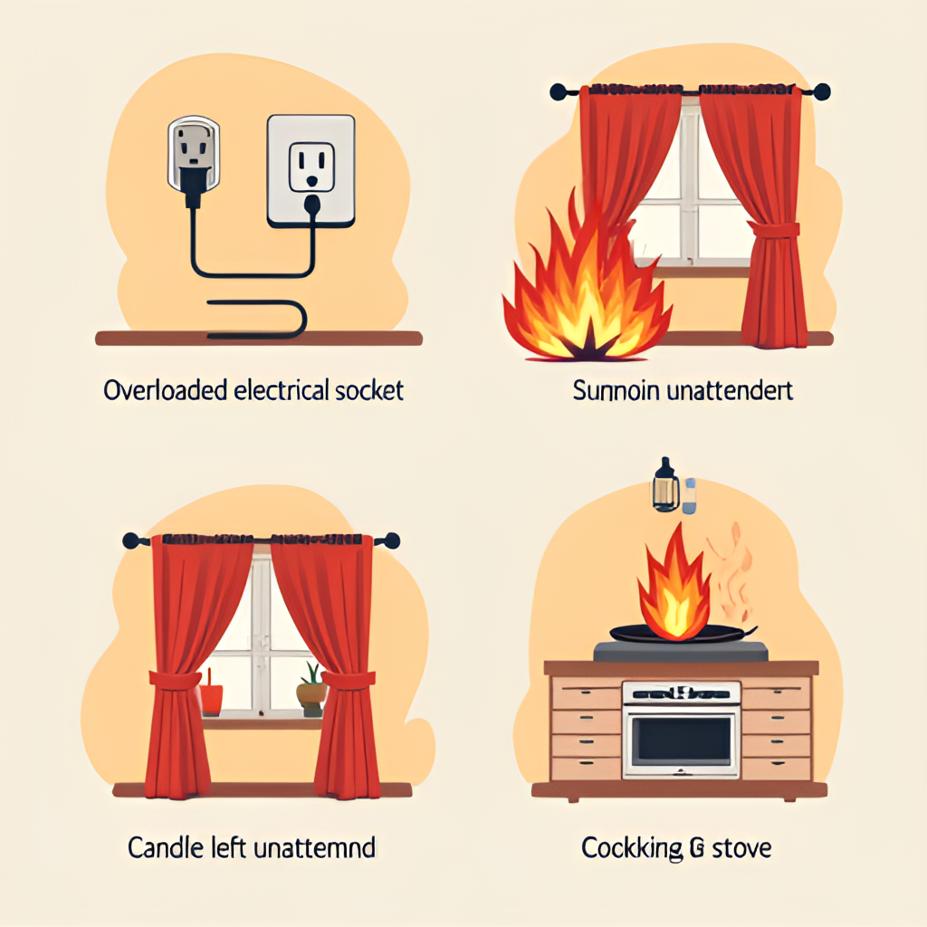 An illustration showing different common causes of house fires: an overloaded electrical socket, a candle left unattended near curtains, and cooking left on a stove, set within a typical Jerusalem apartment interior. Clear and informative style.