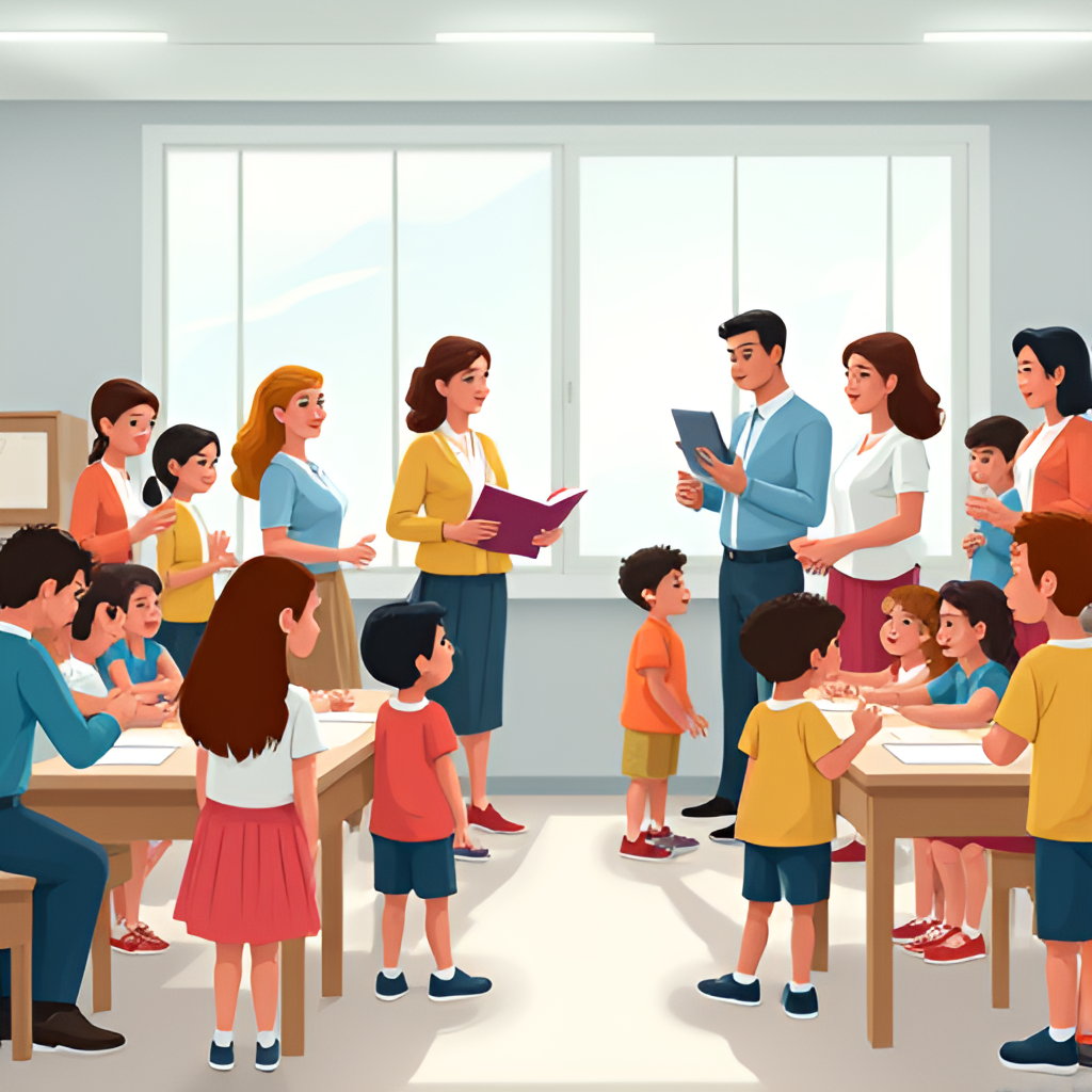 An illustrative image depicting a diverse group of students and teachers in a modern, collaborative classroom setting, symbolizing the education system in Israel, with subtle elements suggesting different age groups from kindergarten to high school.