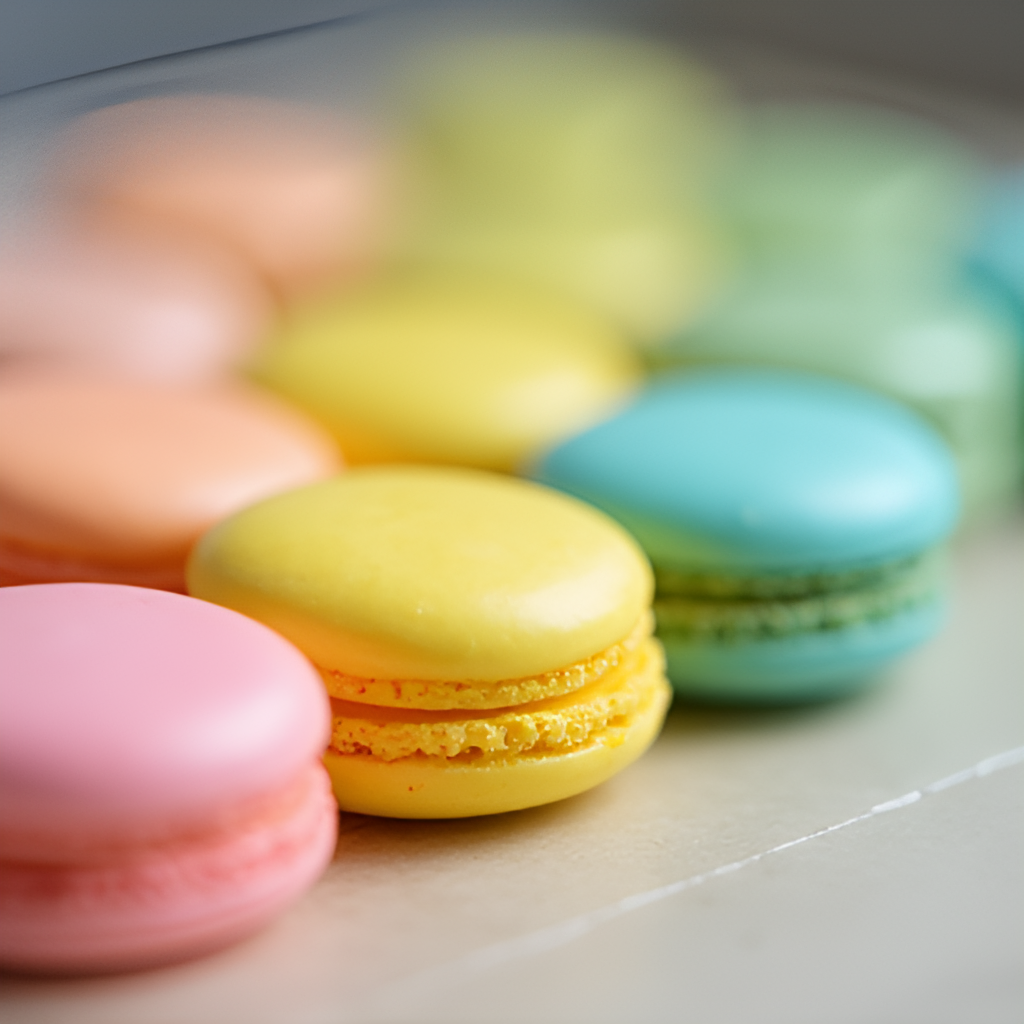 A close-up shot of perfectly baked macaron shells in various vibrant colors (pink, yellow, green, blue) lined up neatly on a baking sheet, showing the characteristic 'feet'