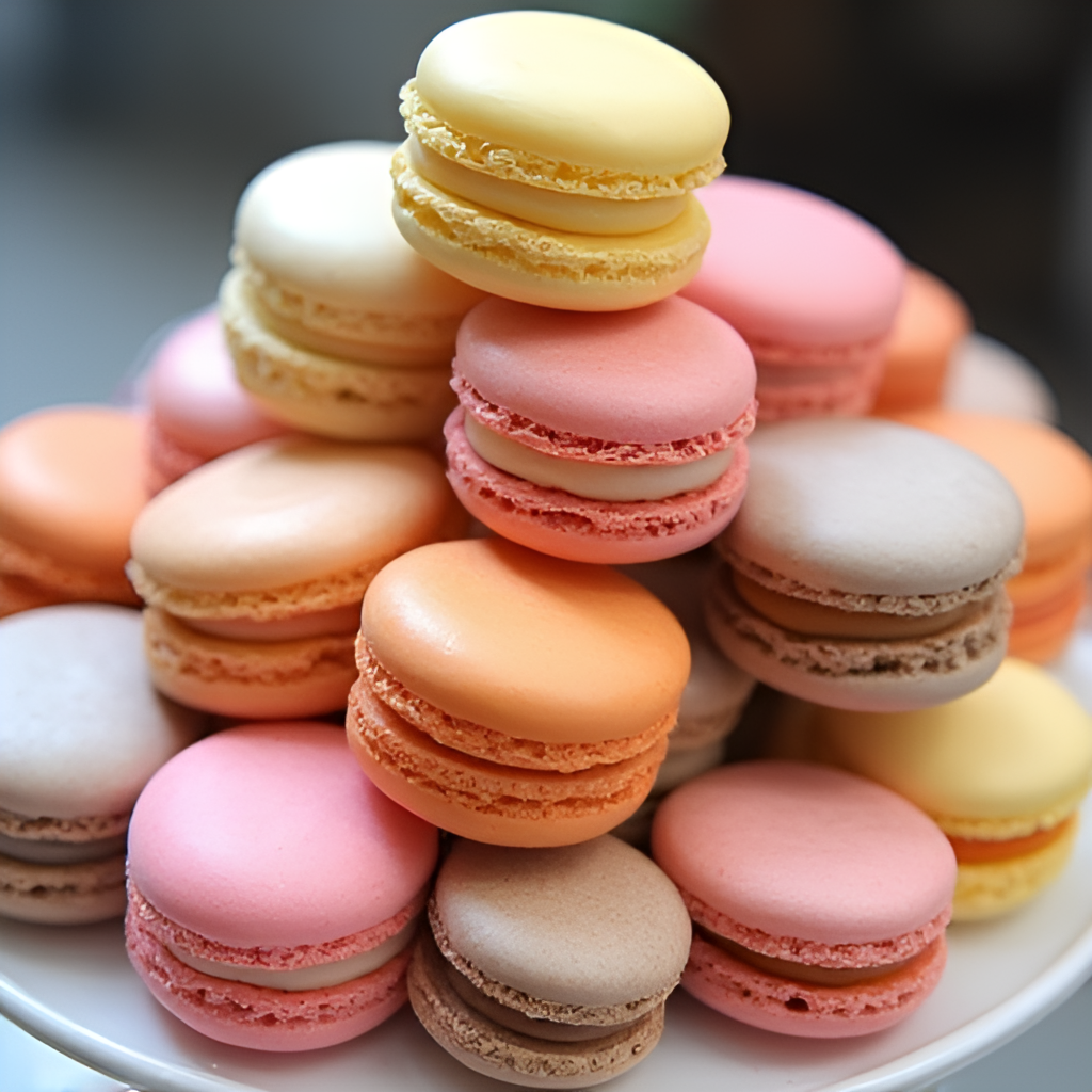 An artistic arrangement of assorted French macarons with different colored shells and fillings, displayed elegantly on a plate or stand, showcasing their beauty and variety of flavors