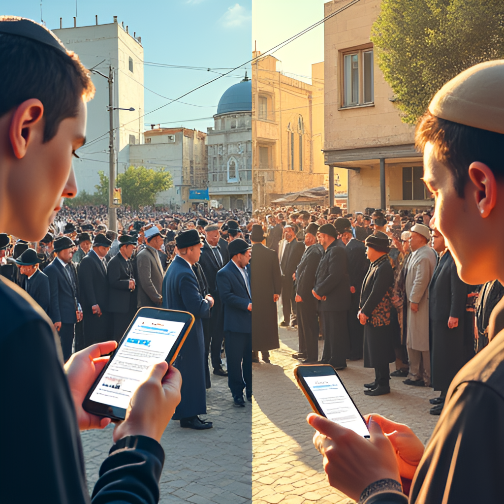 A split image or collage contrasting scenes of people reading news on mobile devices (representing the digital aspect of Kikar HaShabat) with traditional scenes from religious life or community gatherings in a Haredi neighborhood (representing the target audience and context). Style should be clear and illustrative.