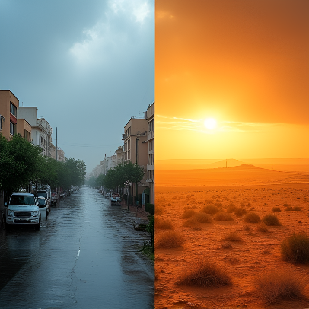 A split image showing contrasting weather conditions in Israel: one side shows heavy rain and flooded streets in a city, the other side shows a dry, hot landscape in the desert with intense sun.