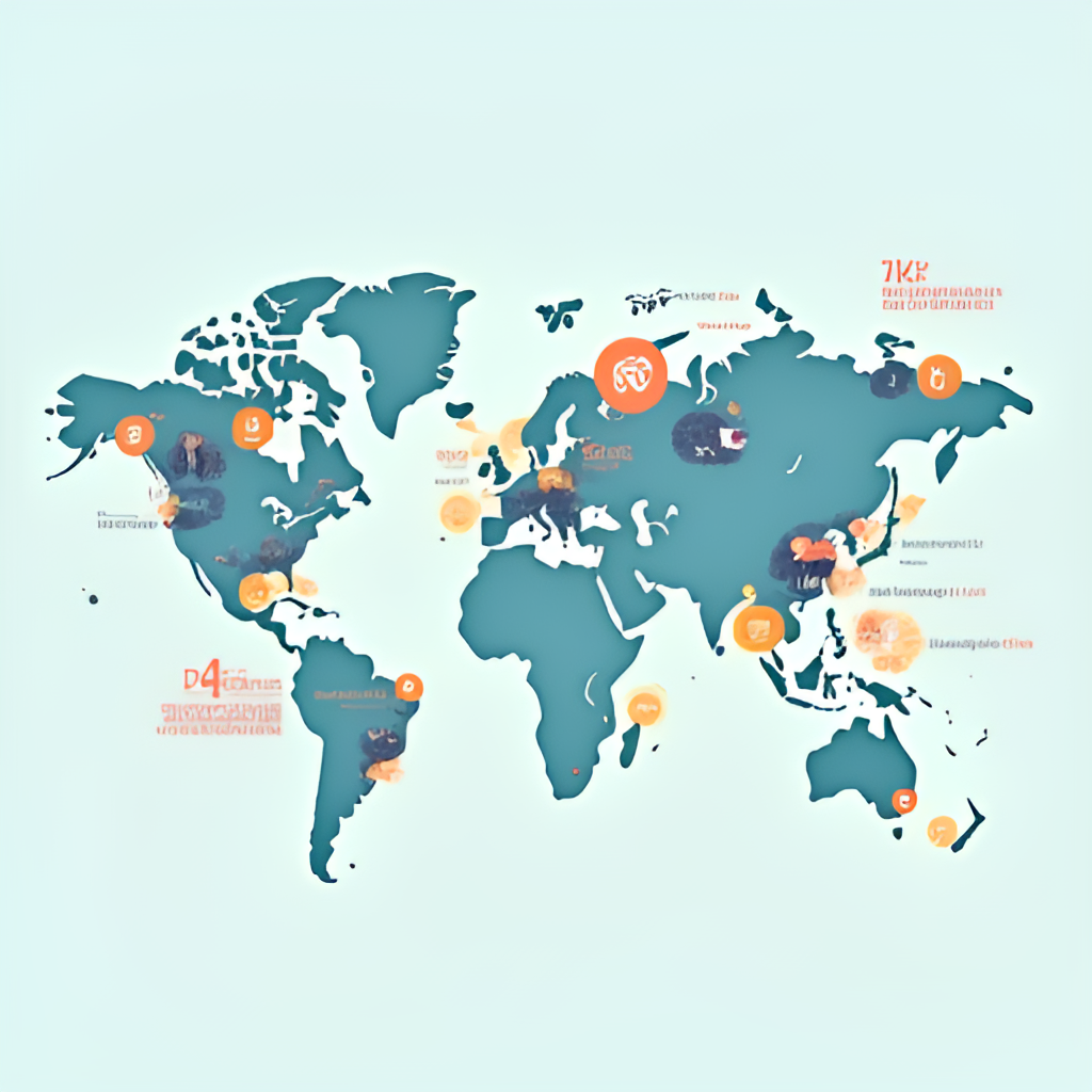 A conceptual image depicting the global impact of the Bill & Melinda Gates Foundation, perhaps showing a map of the world with symbolic representations of health initiatives (vaccines) and poverty reduction efforts spreading from the foundation's work. Stylized and hopeful.